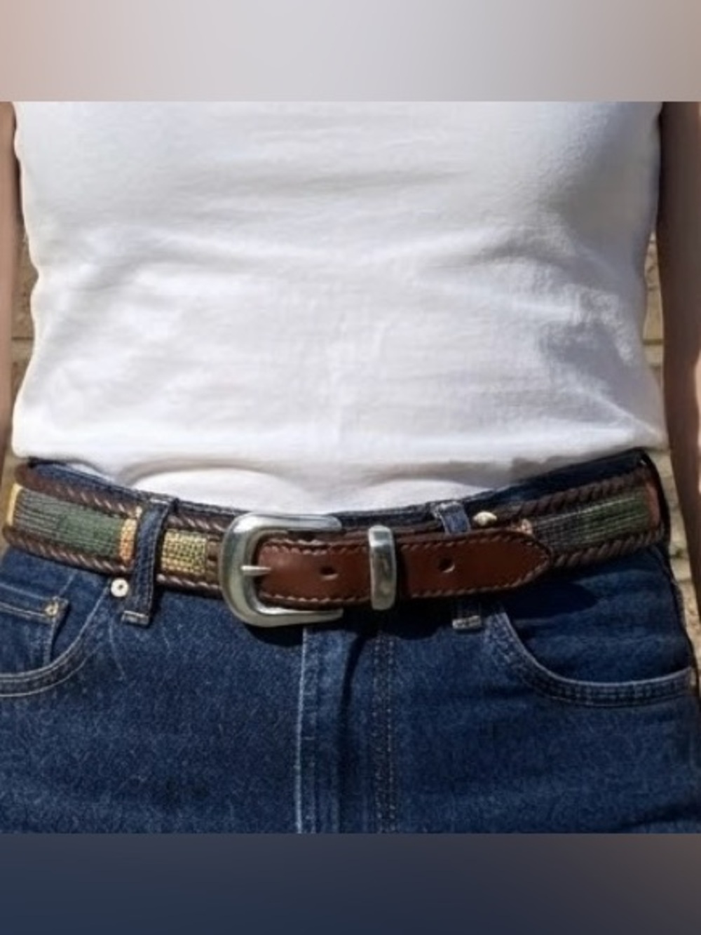 Woven Tapestry & Brown Leather Western Belt Size 34